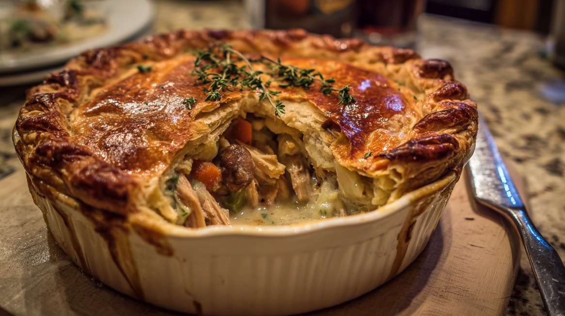 Golden pot pie filled with chicken of the woods and vegetables