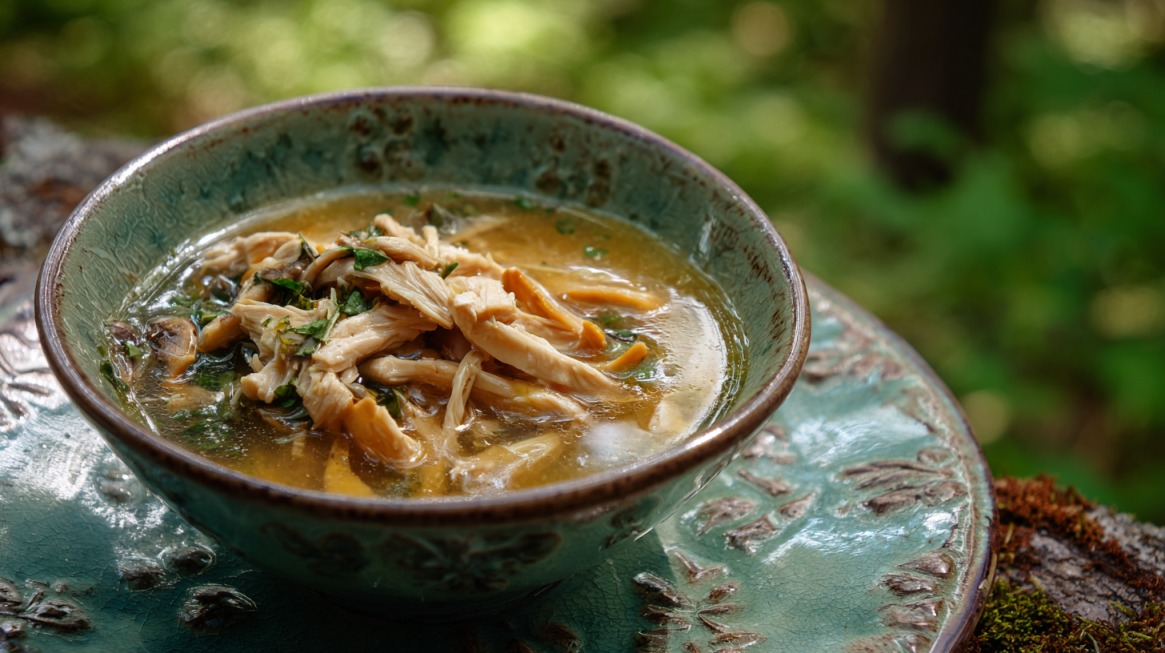 Bowl of mushroom soup made with chicken of the woods