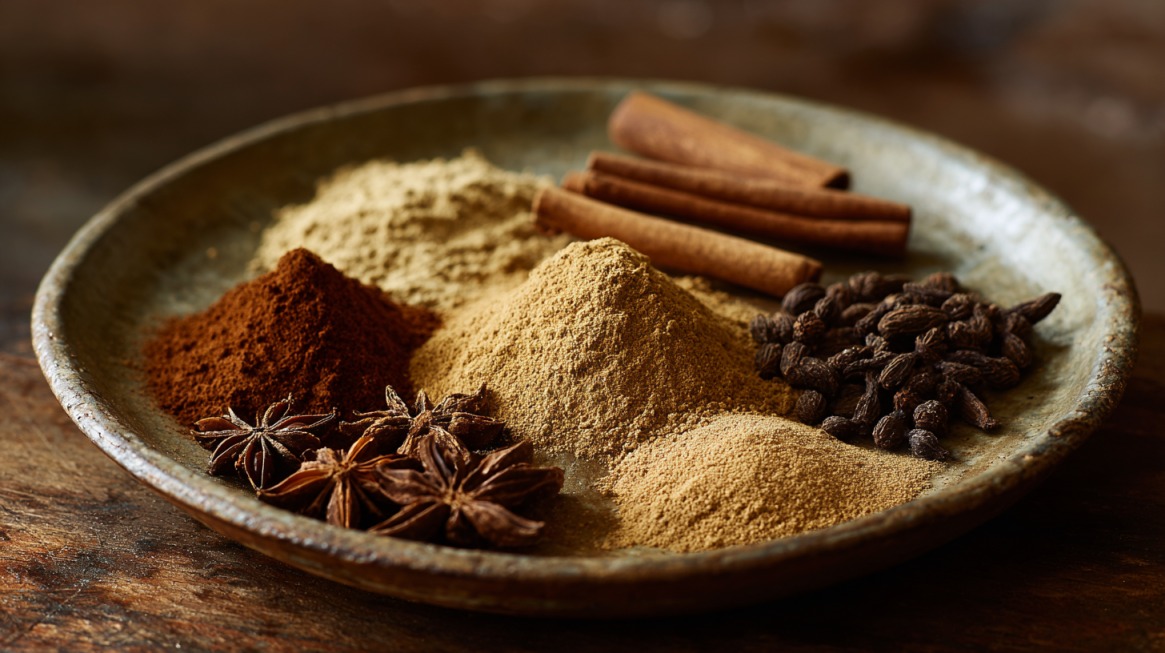 Assorted spices including star anise, cinnamon, and ground powders on a plate