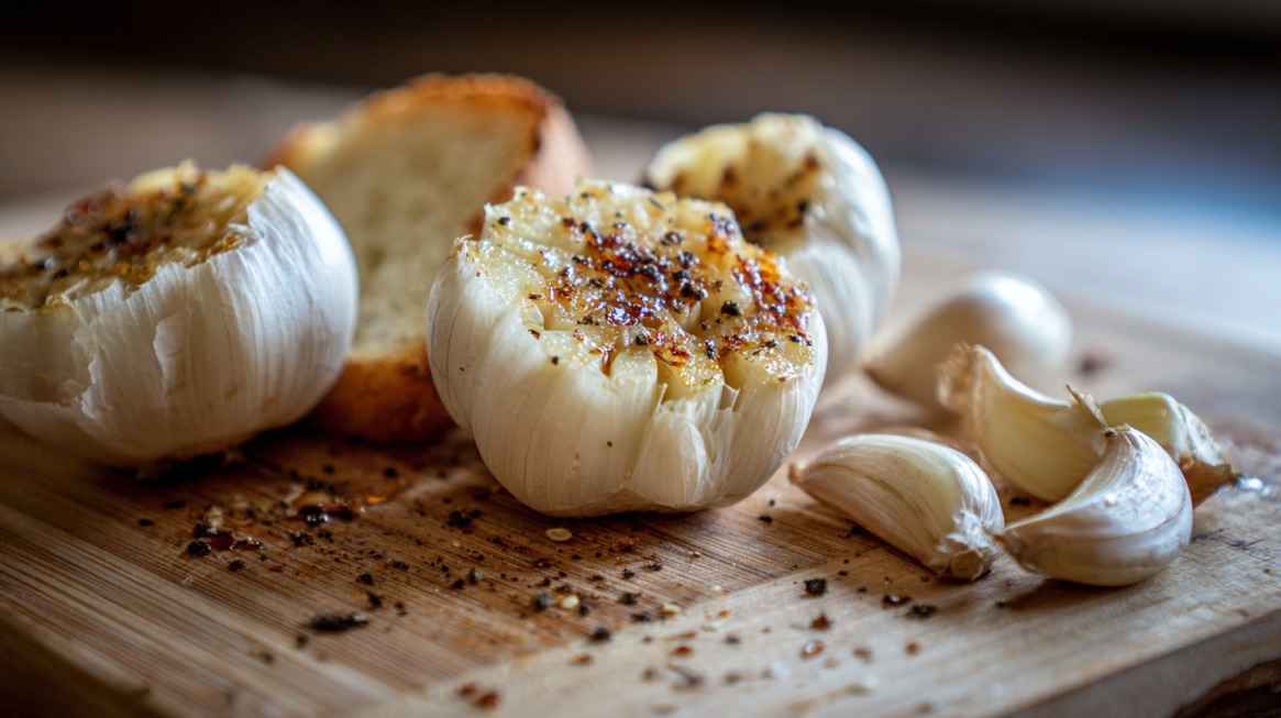 Roasted garlic heads and cloves on a wooden cutting board