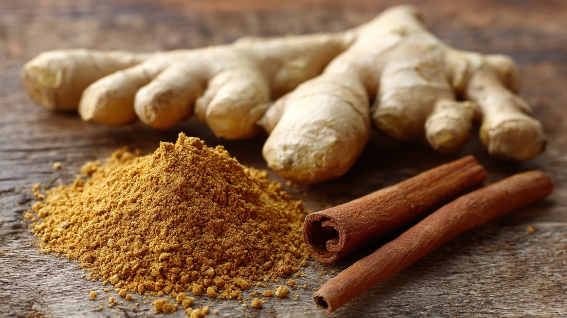 Whole ginger root with ground ginger and cinnamon sticks