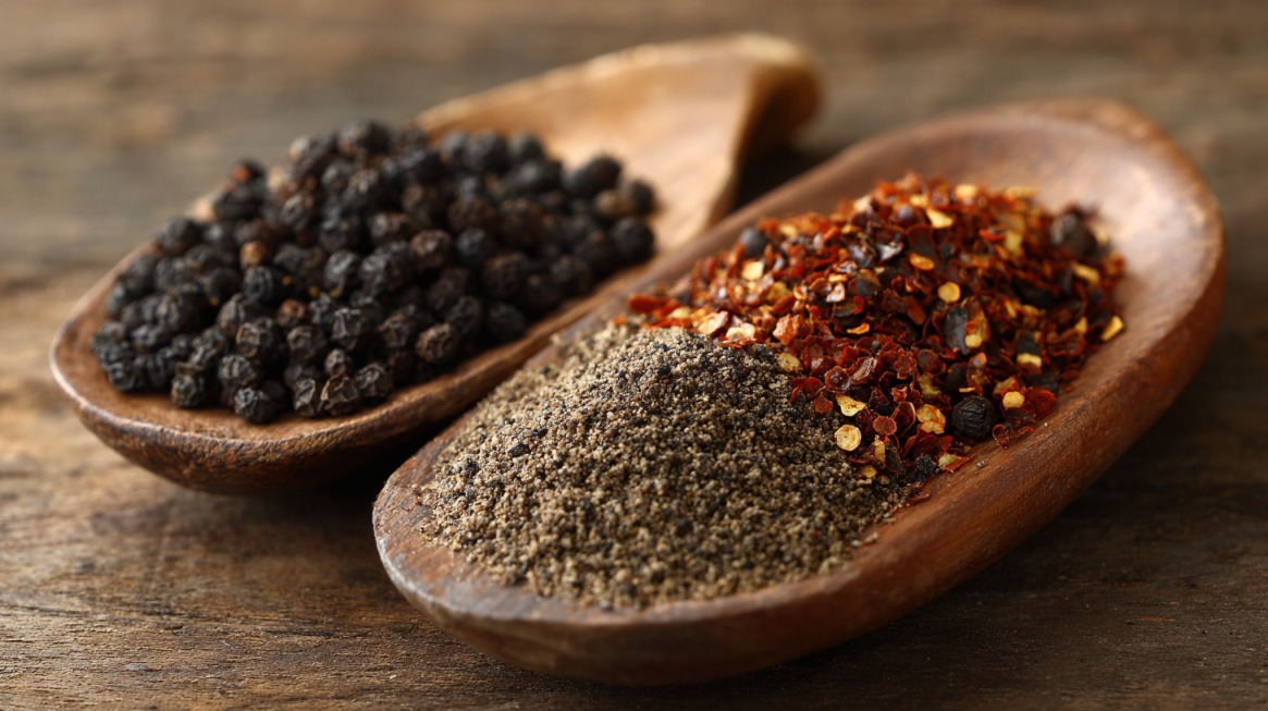 Wooden spoons filled with black peppercorns, ground pepper, and red chili flakes