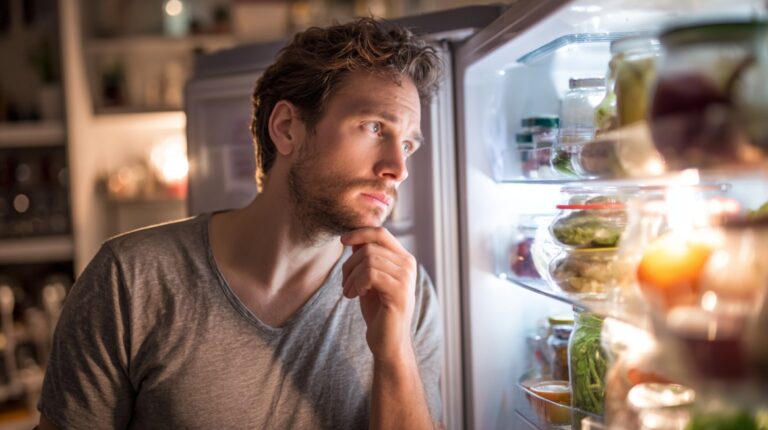 Person looking thoughtfully into an open refrigerator filled with food containers