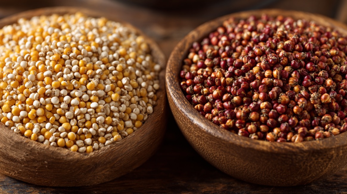 Bowls of quinoa and red sorghum grains on a wooden surface