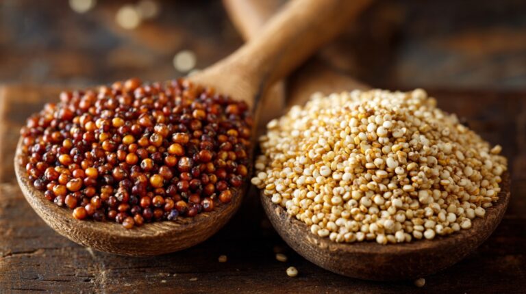 Wooden spoons filled with red sorghum and white quinoa grains
