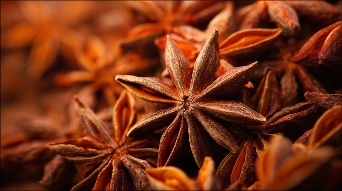Dried star anise pods with a warm brown color