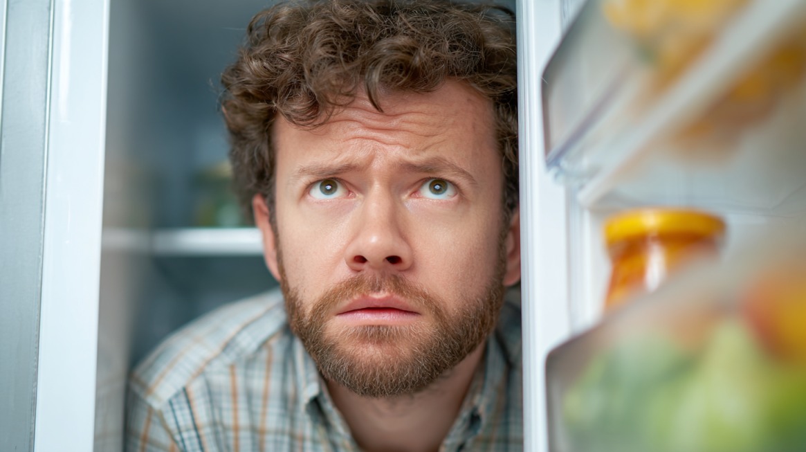 Person peering into an open refrigerator with a concerned expression